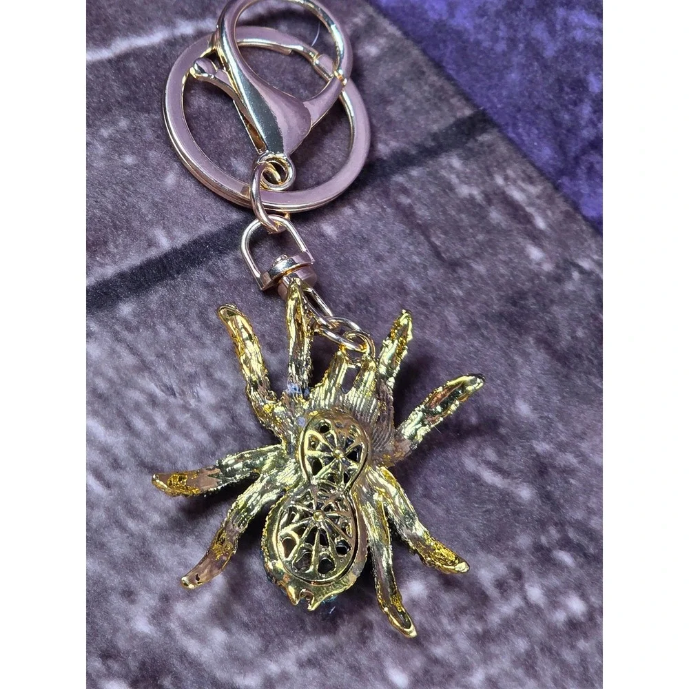 Spider Keychain Gold Tone Blue Rhinestones Jeweled Bug Purse Charm Bling - Picture 7 of 10